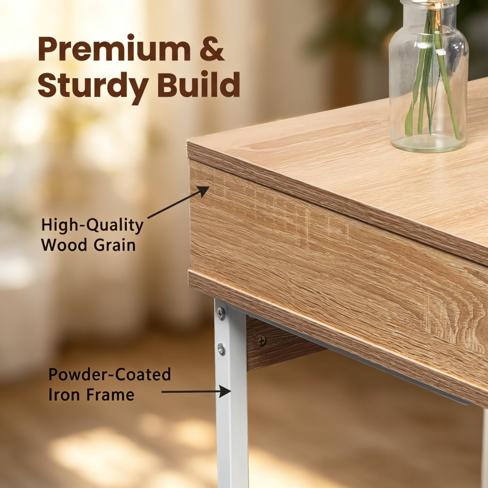 White Oak Grain Side Table Nightstand With Drawer And Shelves Living Room Sofa - Image 4