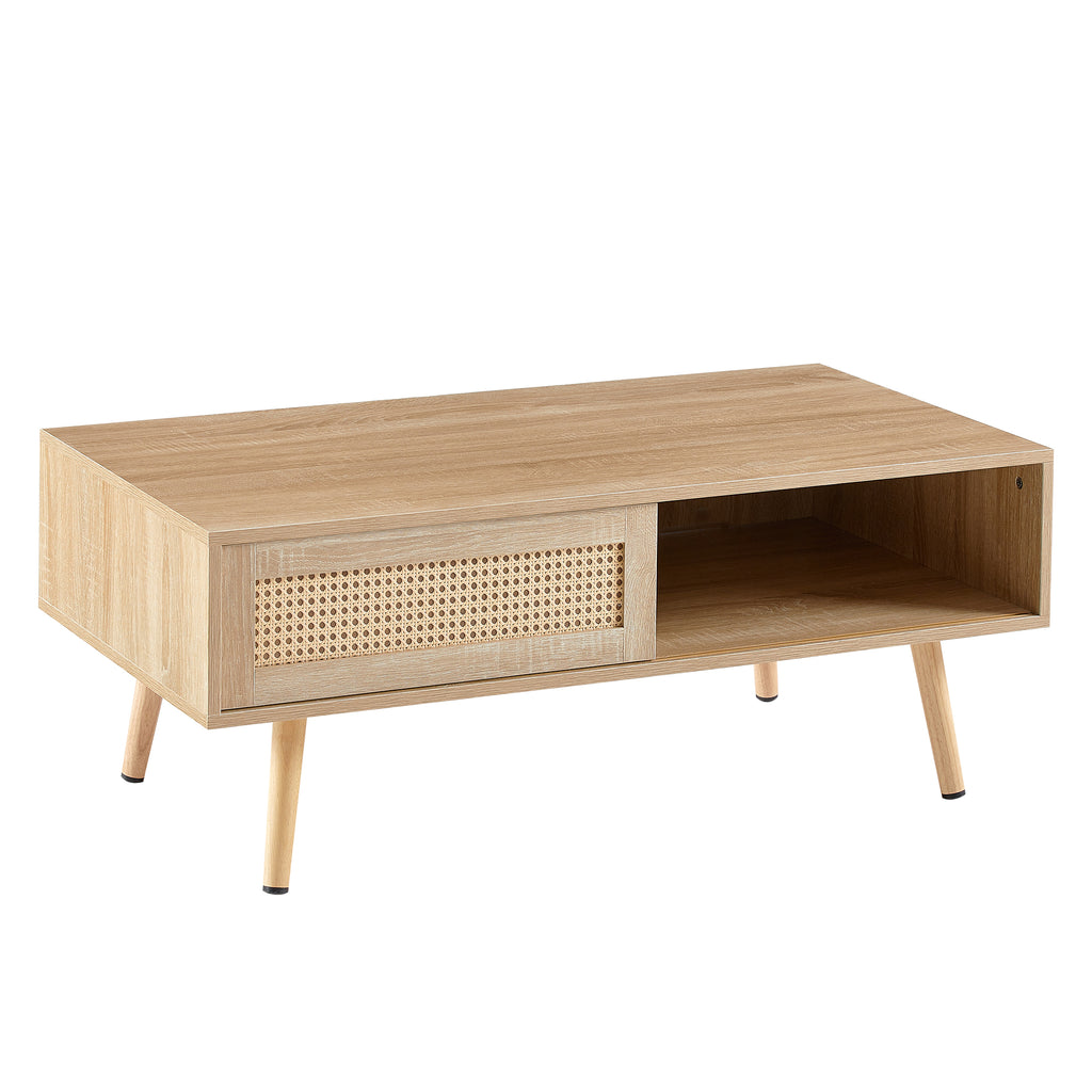 41.34inch Rattan Coffee Table Sliding Door Modern Table For Storage Solid Wood Legs - Image 3