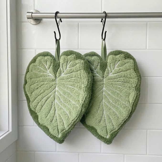 Leaf Hanging Hand Towels With Loop Boho Green Decorative For Bathroom - Image 2