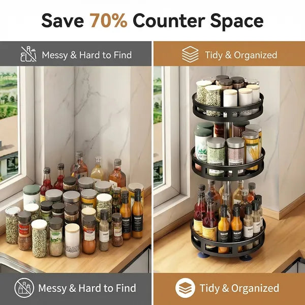 3-tier rotating spice rack organizer packaging and components