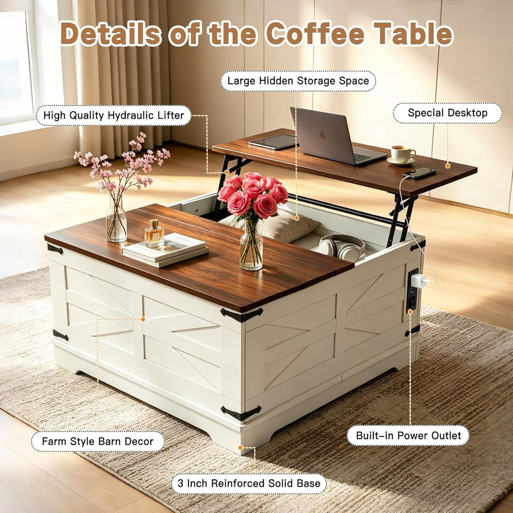 31.5IN Lift Top Coffee Table With Charging Station Square Farmhouse Wood - Image 4