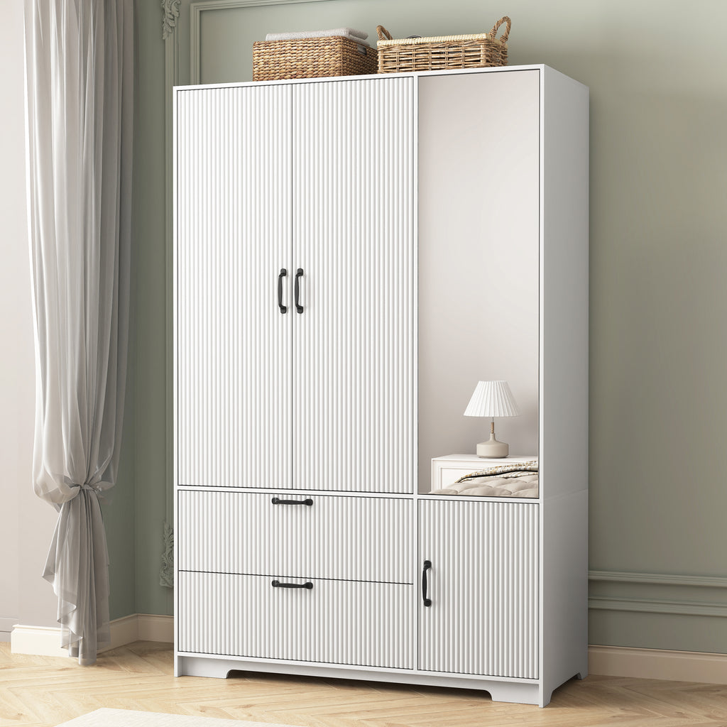 72in Four-Door Wardrobe Closet with Mirror, Drawers and Interior Light