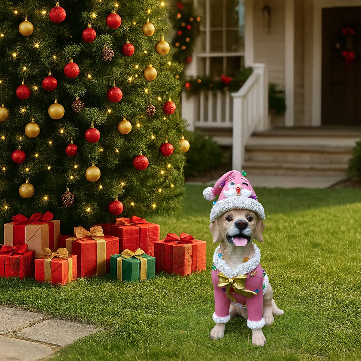 Christmas Labrador Retriever Statue Holiday Dog Figurine in Pink Santa Outfit - Image 2