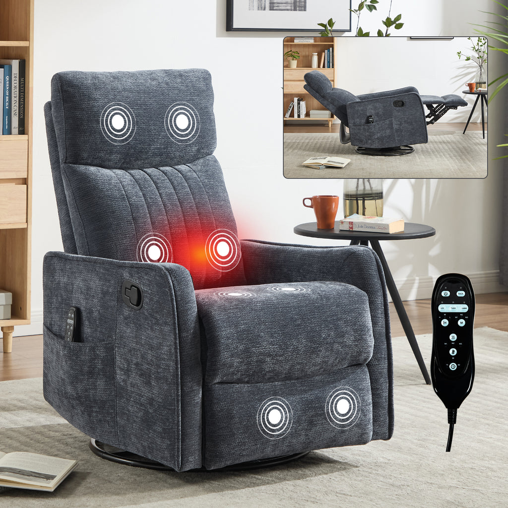 Blue Heat Massage Manual Recliner Chair with Rocker and Swivel in Fabric for - Image 3