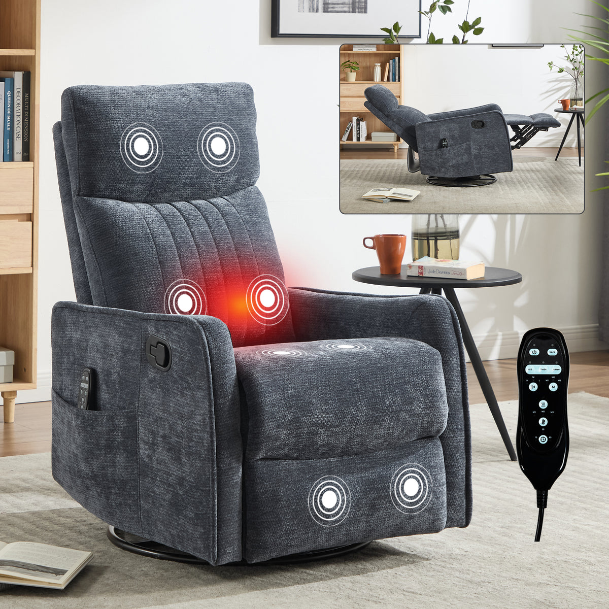 Blue Heat Massage Manual Recliner Chair with Rocker and Swivel in Fabric for - Image 3