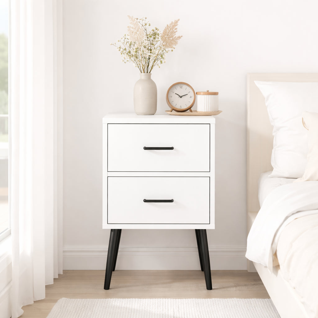 White 2-Drawer Nightstand with Metal Legs