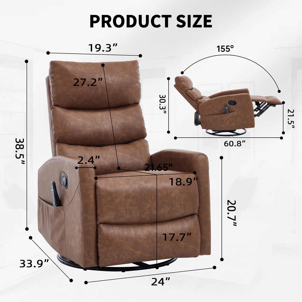 Heat Massage Manual Recliner Chair with Rocker and Swivel in Fabric for Living - Image 2