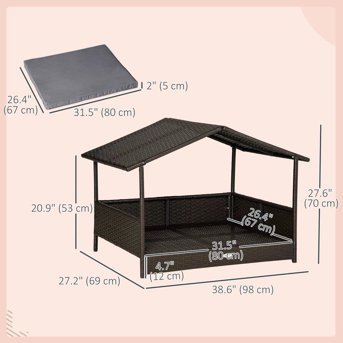 Wicker Pet House Dog Bed for Indoor/Outdoor Rattan Furniture with Cushion - Image 4