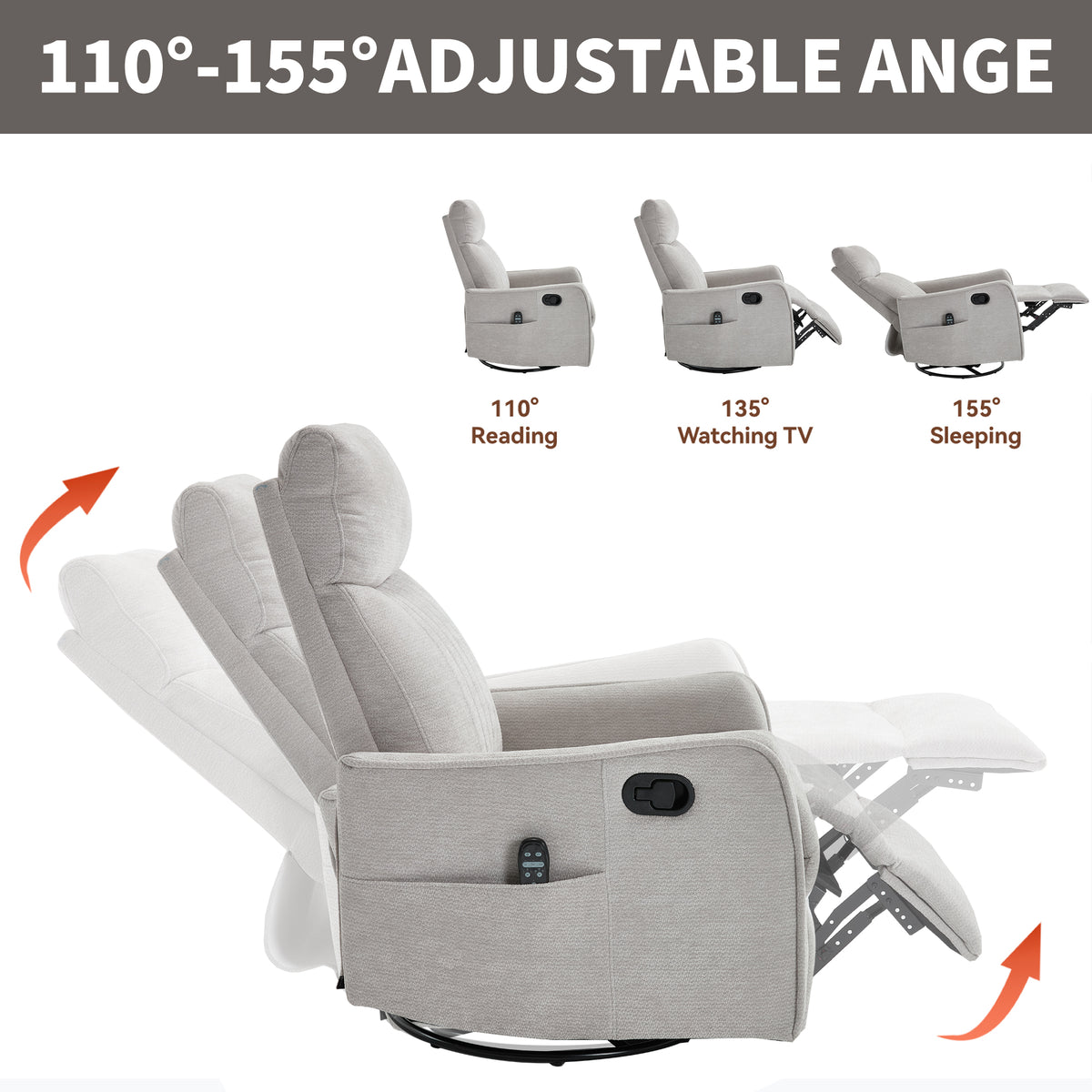 Light Grey Heat Massage Manual Recliner Chair with Rocker and Swivel in Fabric - Image 2