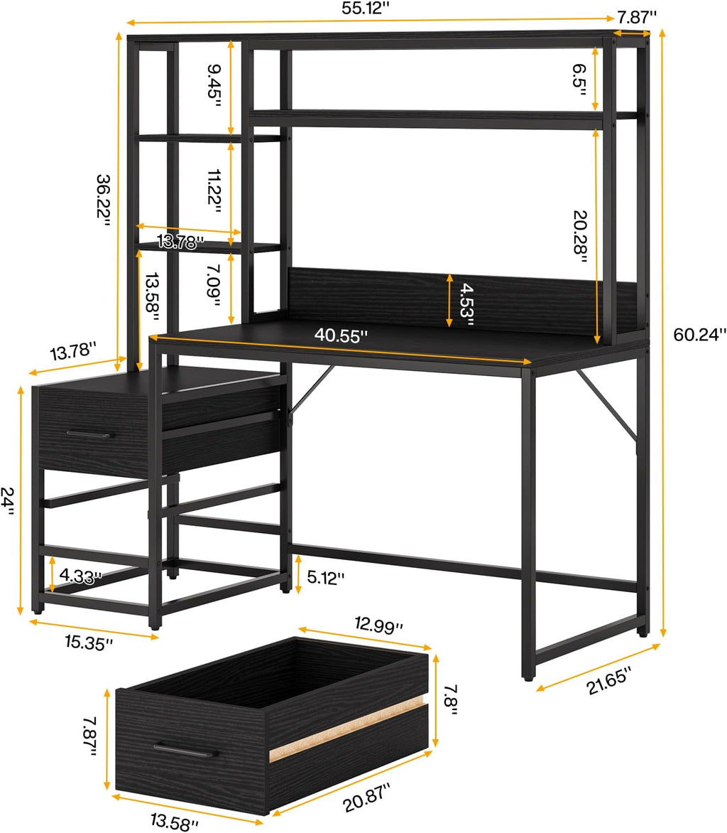 Tall Home Office Desk with Hutch, Shelves and Drawers