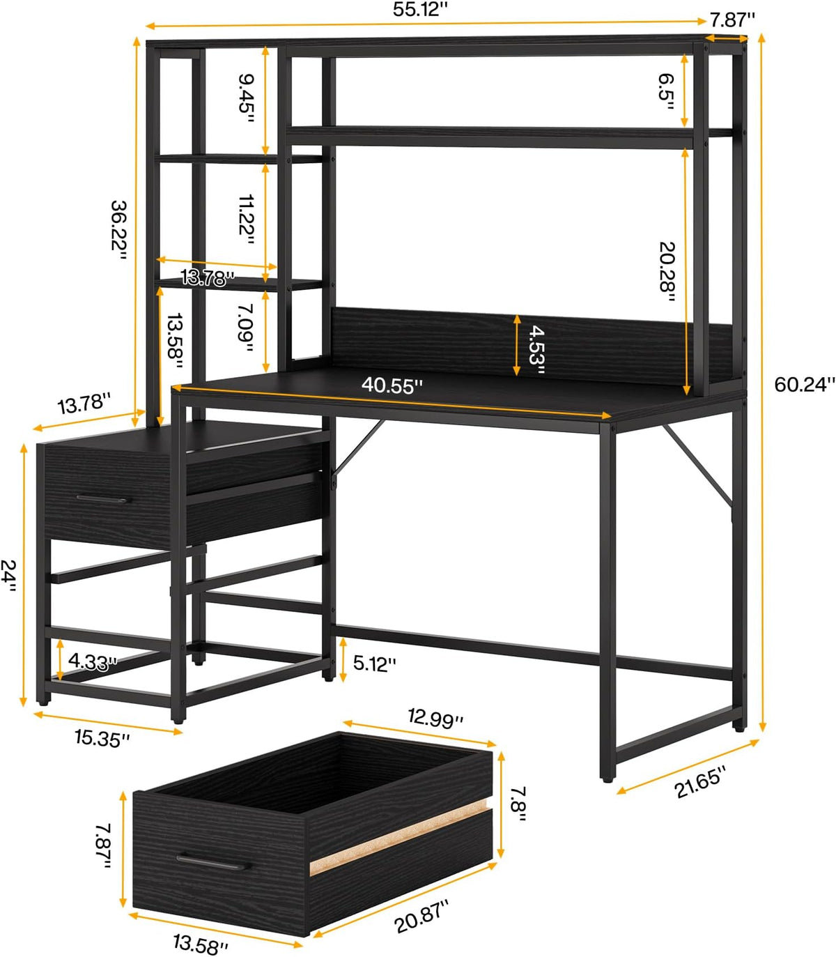 Tall Home Office Desk with Hutch, Shelves and Drawers