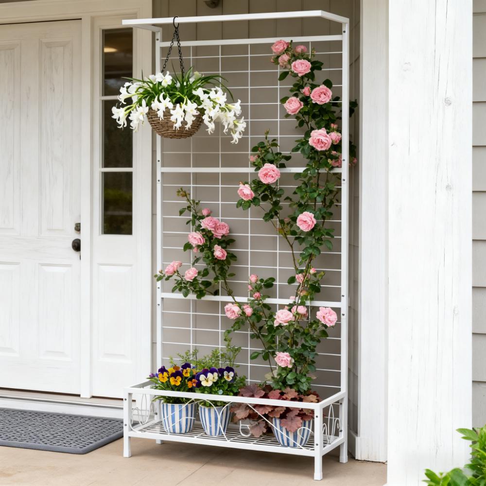 White Plant Holder Metal Tall Stand With Trellis And Hanging Bar For Indoor - Additional Product View 5