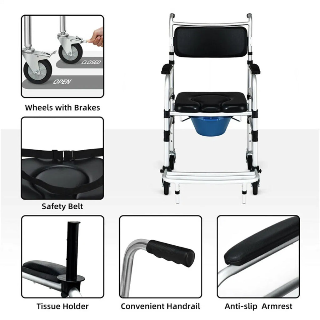 2 in 1 Aluminum Commode Shower Wheelchair Bath/Toilet Use Adjustable Height - Image 5