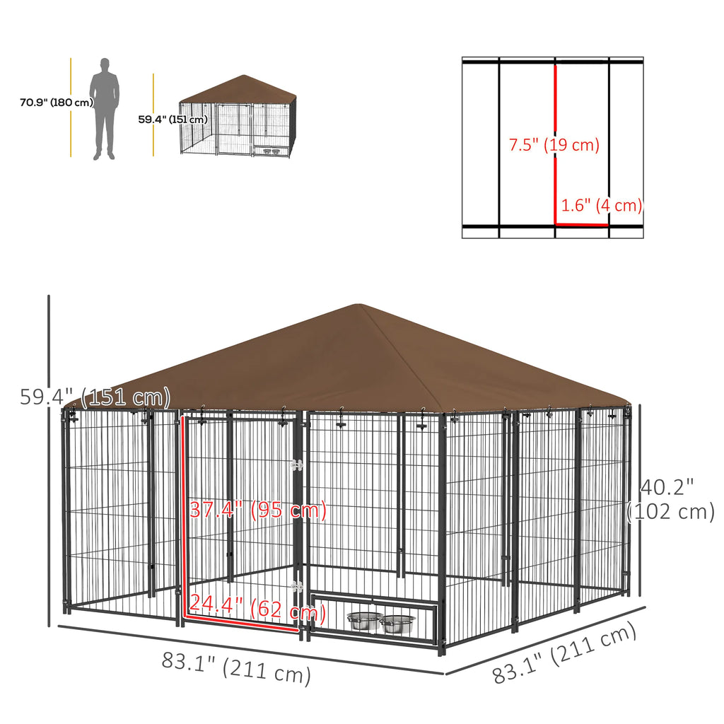 6.9' x 6.9' x 5' Outdoor Dog Kennel with Canopy Rotating Bowls Coffee - Image 2