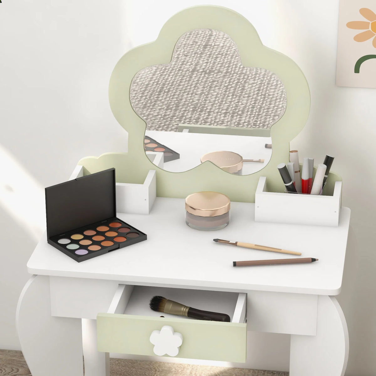 Kids Makeup Vanity Set with Stool Mirror Drawer Storage Boxes White - Image 3
