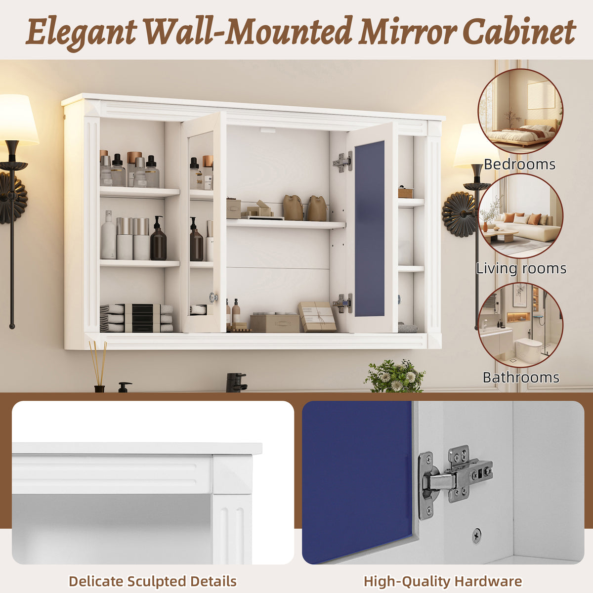 47-Inch White Bathroom Mirror Cabinet