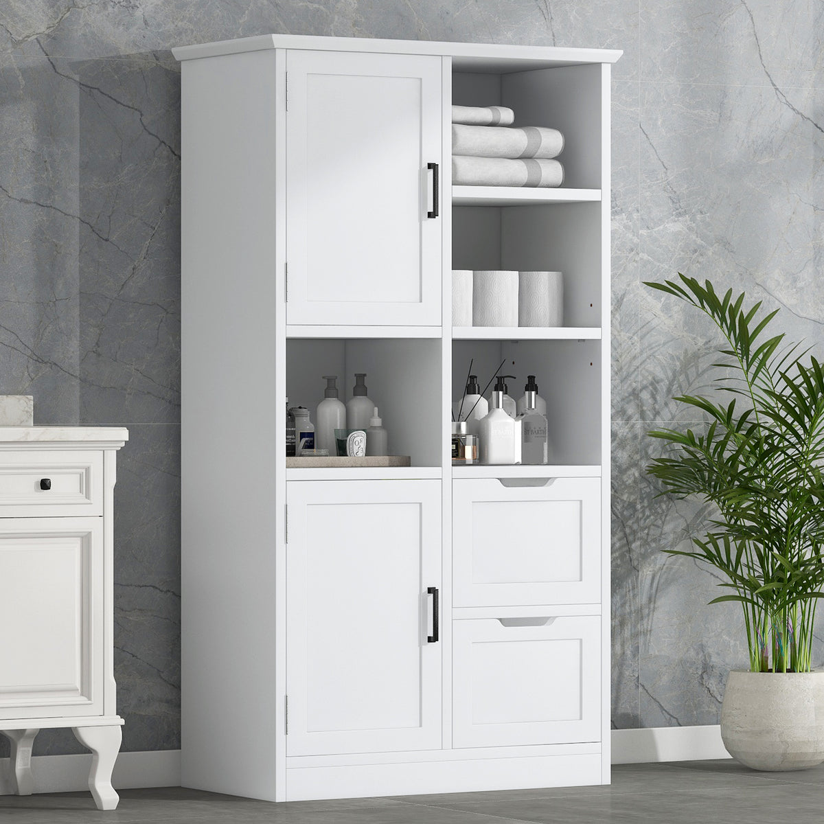 Tall White Bathroom Storage Cabinet with Drawers and Shelves