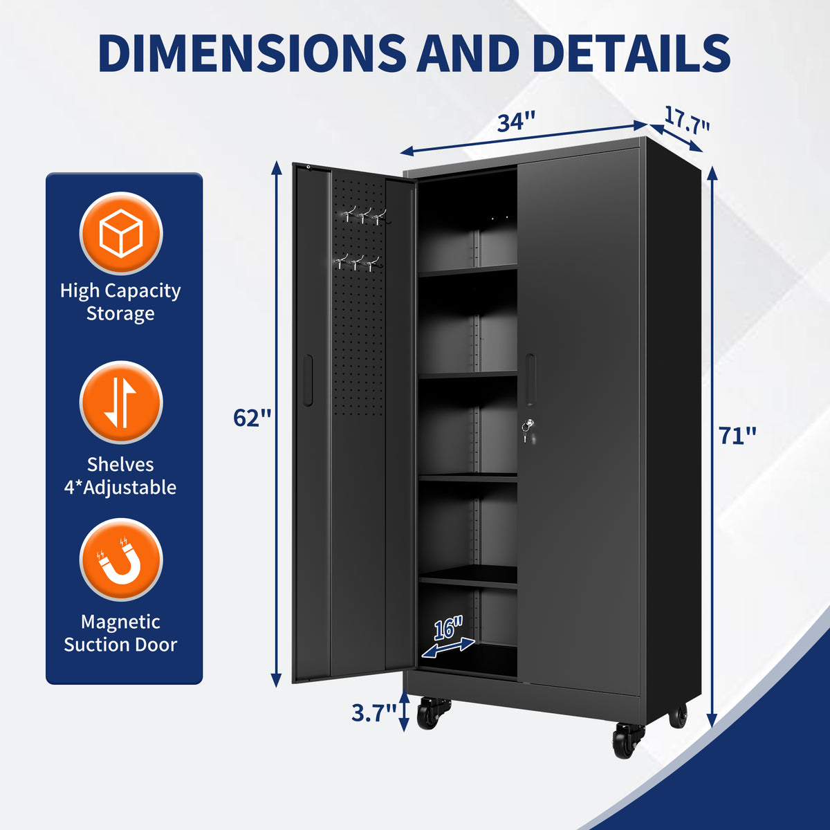 71in metal garage storage cabinet with wheels product view 3