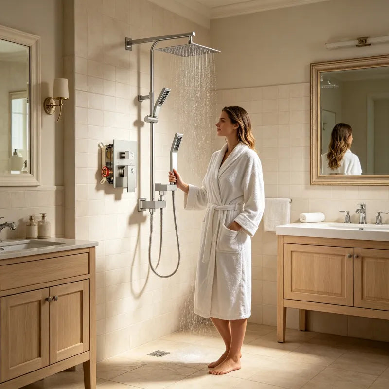 Wall mounted shower faucet set 10 12inch square overhead spray + handheld - Image 3