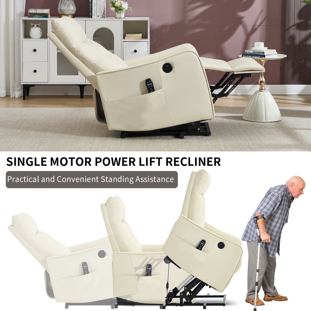 Beige PU Single Motor Power Lift Recliner Chair with Massage and Heat for - Image 4