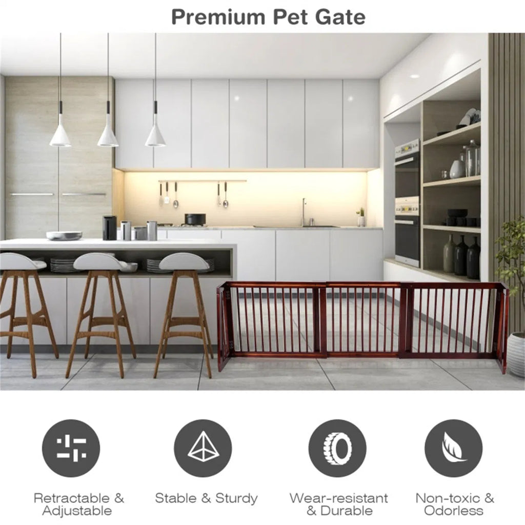 Wooden Pet Gate 3 Panels Freestanding Length Adjustable