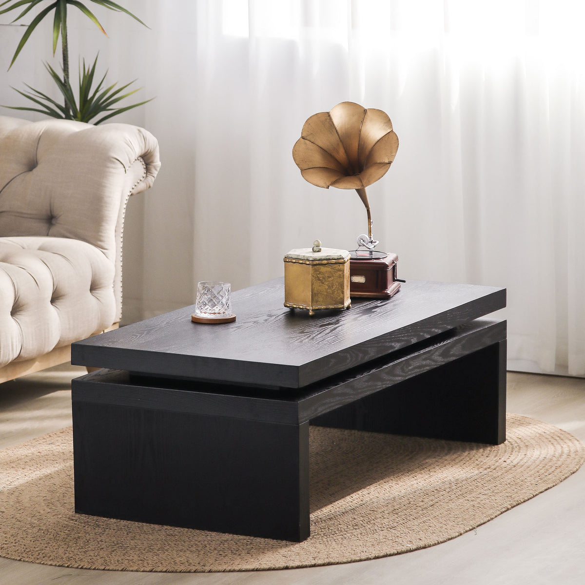 47in Modern Black Coffee Table with Floating-Top Design