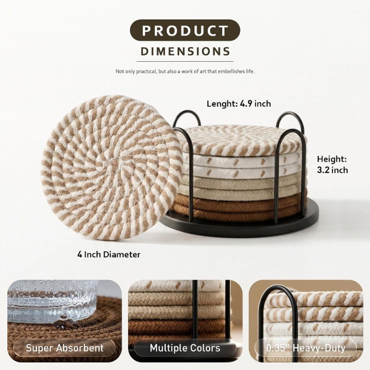 8 Piece 4 Inch Drink Coaster Set Large Non Slip Table Protectors For Hot And