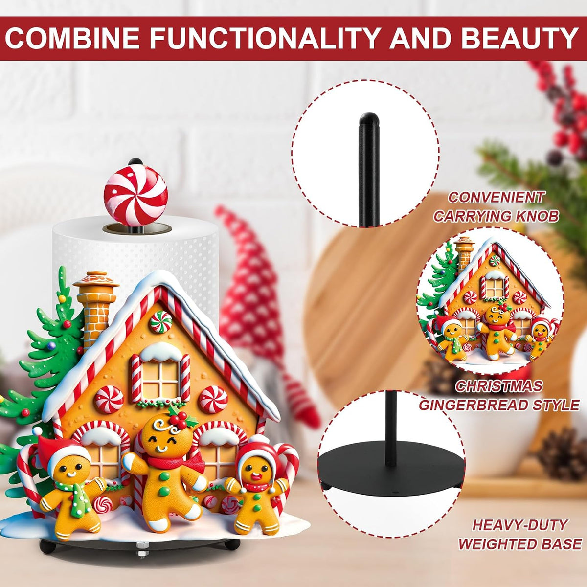 Christmas Paper Towel Holder 3D Gingerbread House Design Large Metal Stand - Image 3