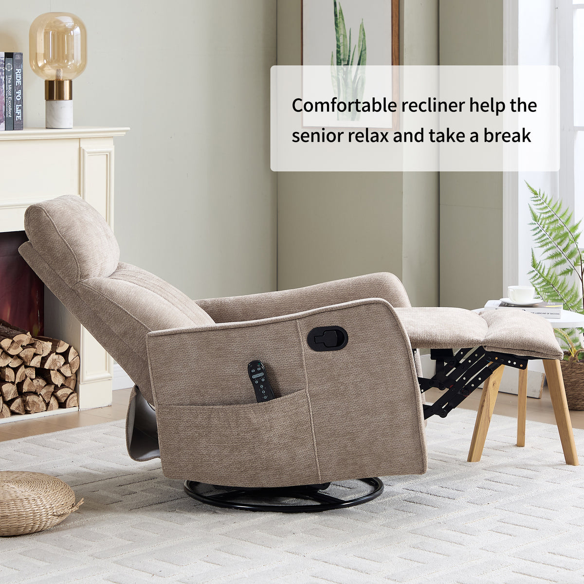 Khaki Heat Massage Manual Recliner Chair with Rocker and Swivel in Fabric for - Image 4