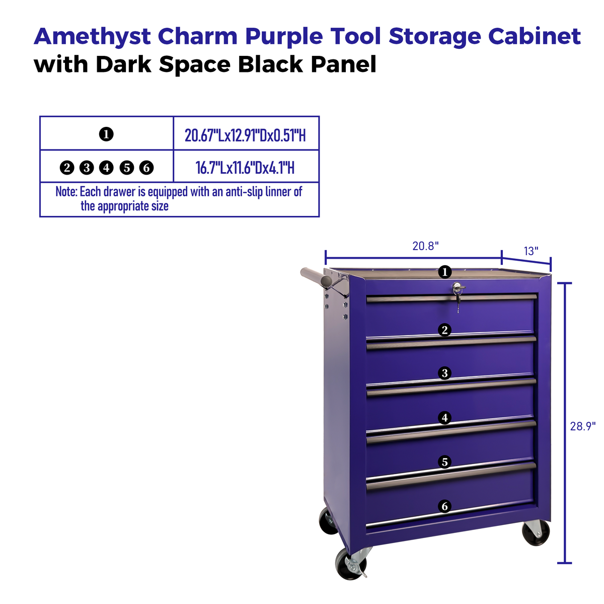 20-Inch Rolling Metal Tool Chest 5 Drawers Purple Steel Garage Cabinet - Side Angle Perspective