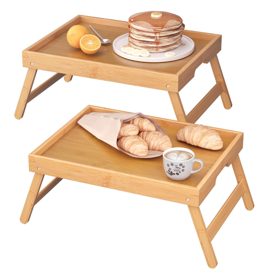 Fibogollo 2 Pack Bamboo Bed Tray Table With Folding Legs Breakfast - Image 3