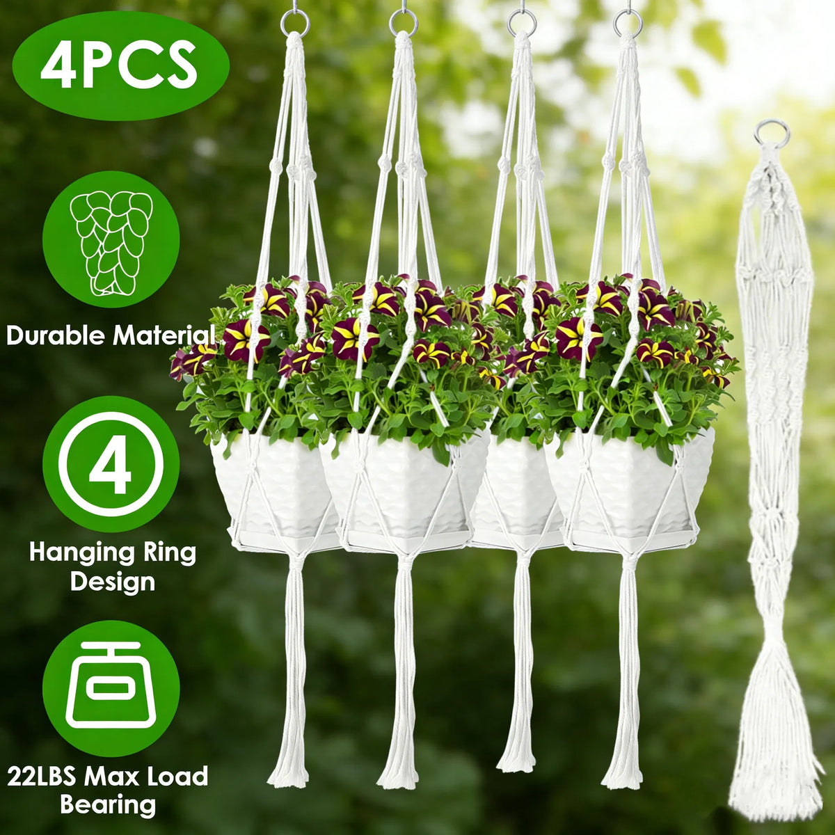 4 PCS Heavy Duty Hanging Plant Holder Natural Cotton Rope Planter Basket with