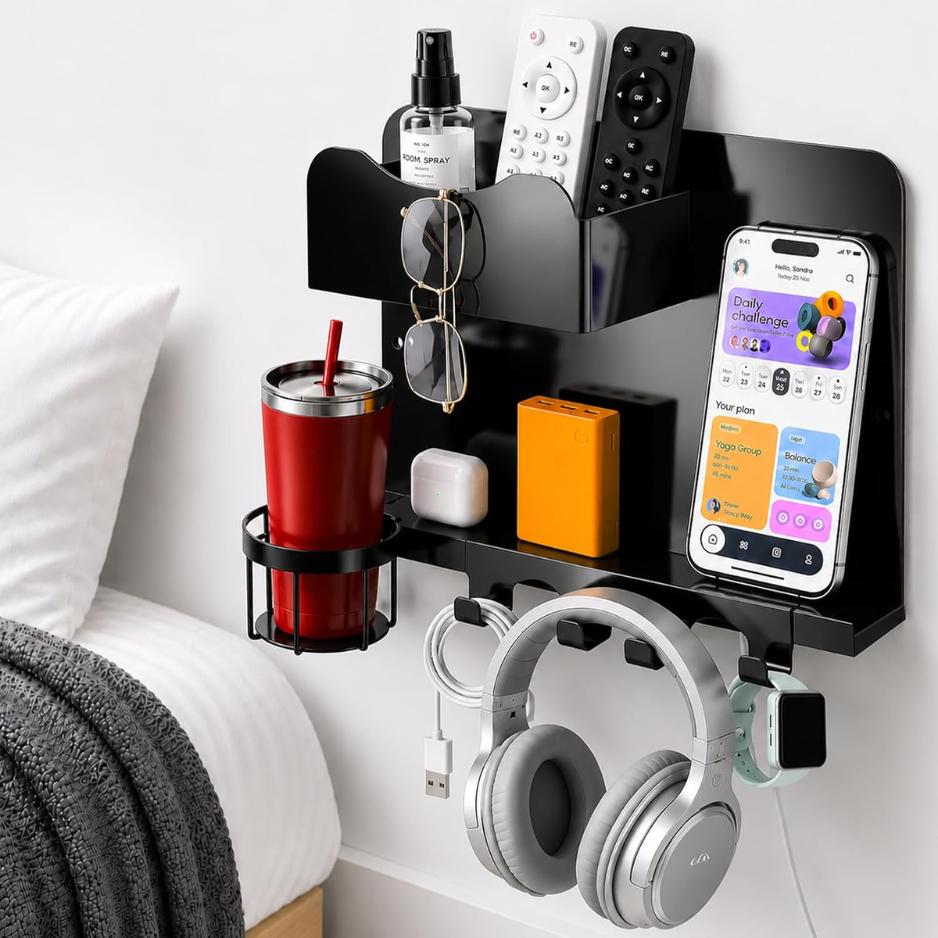 Metal Bedside Wall Shelf No Drill Floating Organizer - Image 2