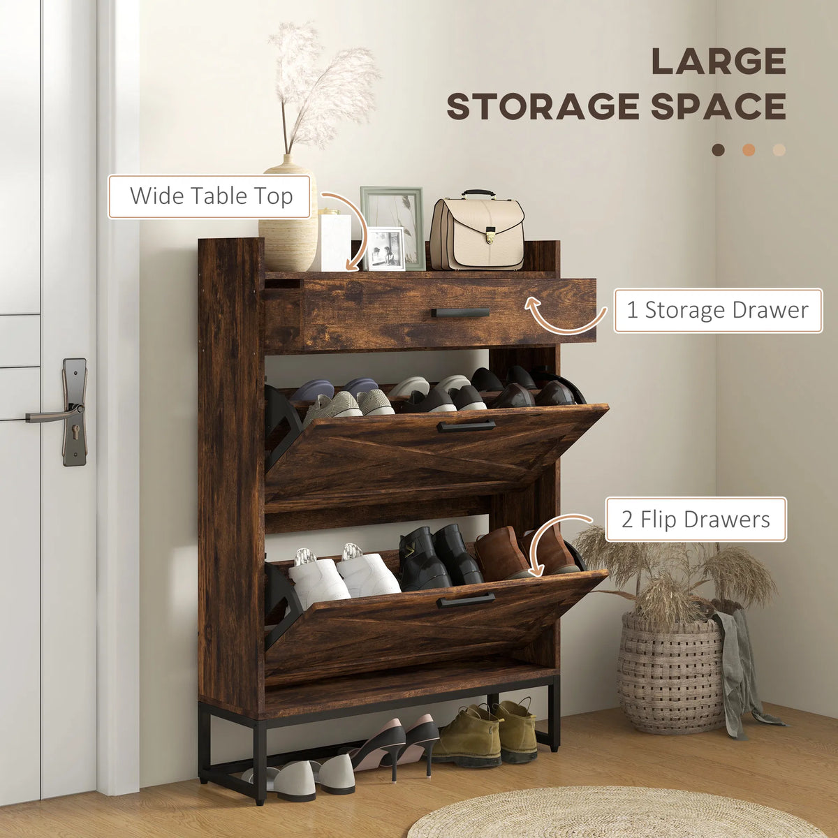 Slim Shoe Storage with 2 Flip Drawers and Adjustable Shelves Shoe Cabinet
