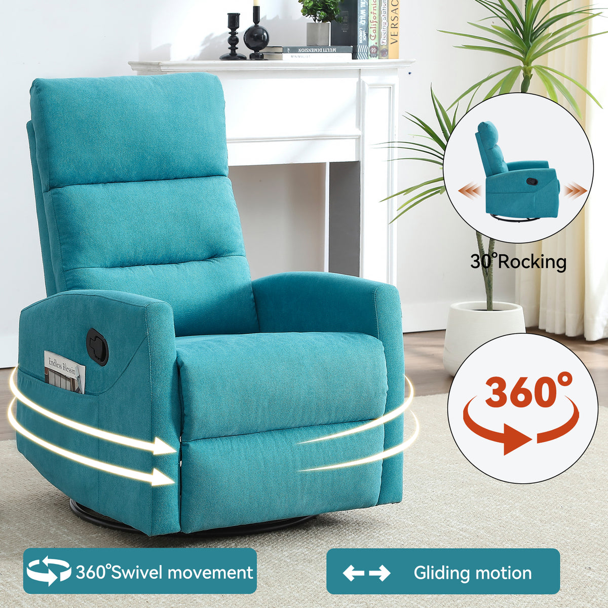 Manual Recliner Chair with Rocker and Swivel in Fabric for Living Room Blue - Image 2