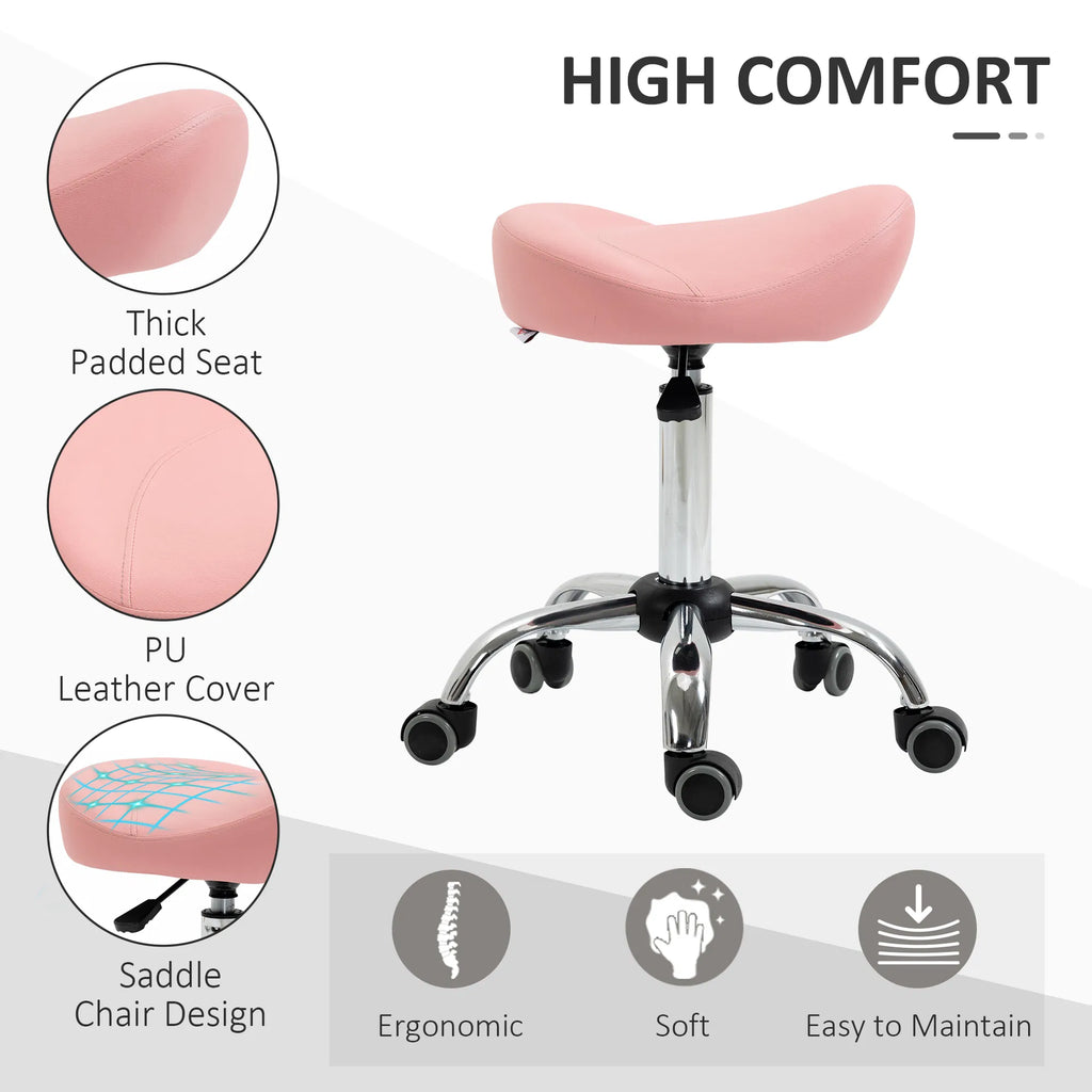 Saddle Stool Chic: Height Adjustable Rolling Salon Chair in Pink PU Leather for - Image 4