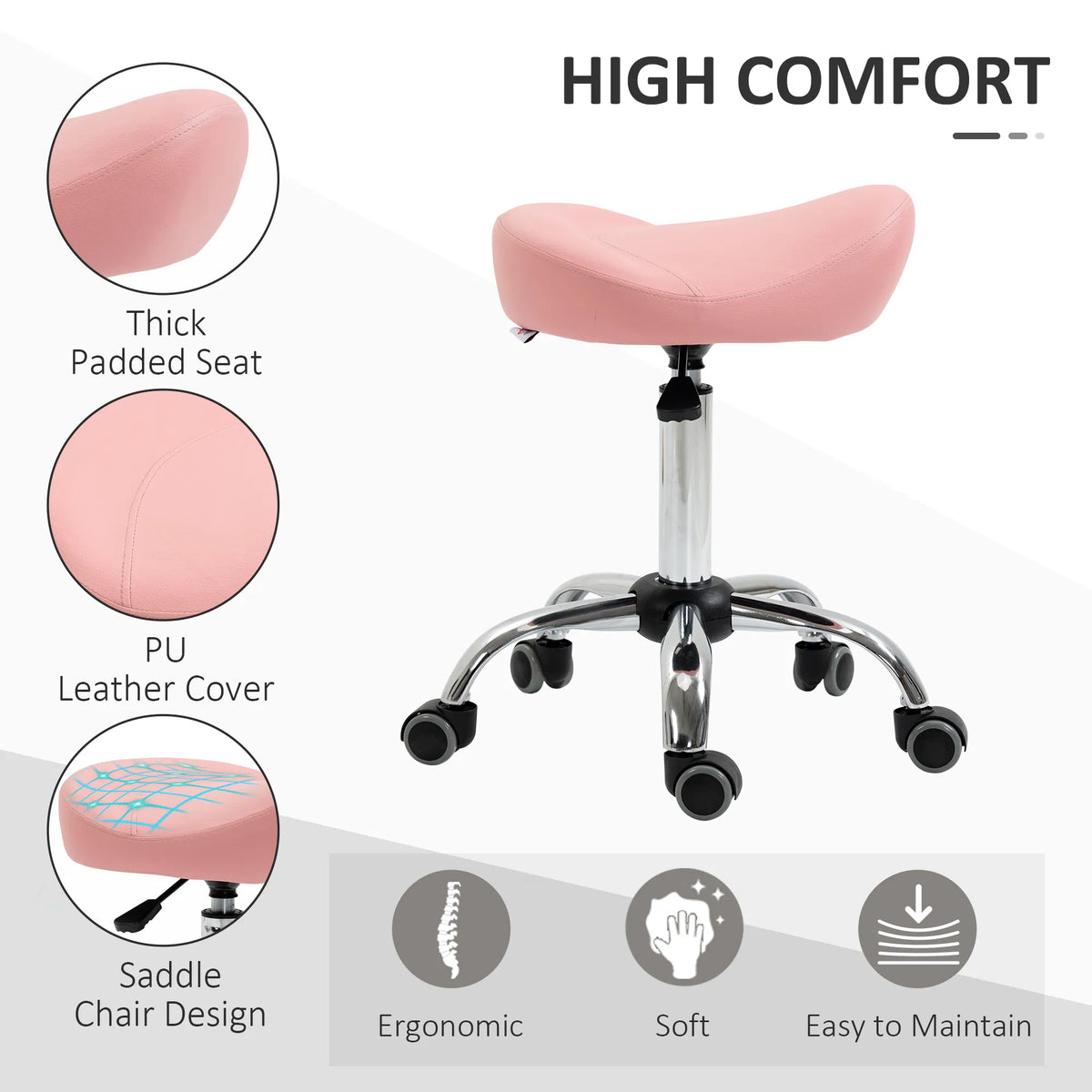 Saddle Stool Chic: Height Adjustable Rolling Salon Chair in Pink PU Leather for - Image 4