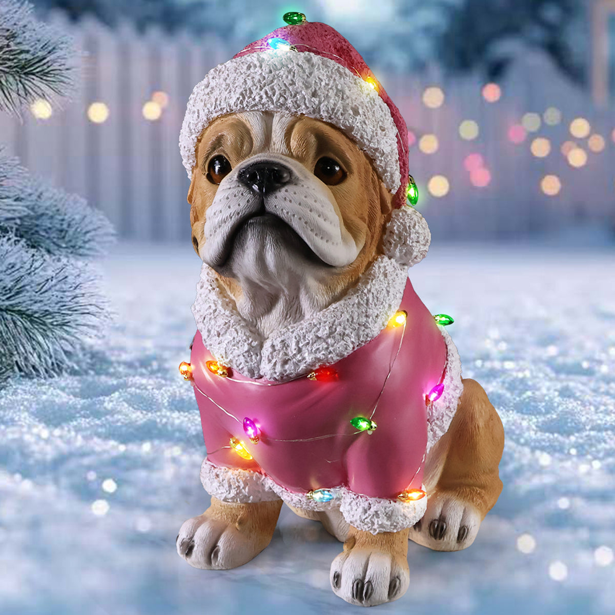 Christmas Pug Statue Holiday Dog Figurine in Pink Santa Outfit - Image 2