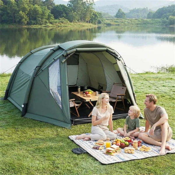 inflatable family glamping tent with in use lifestyle