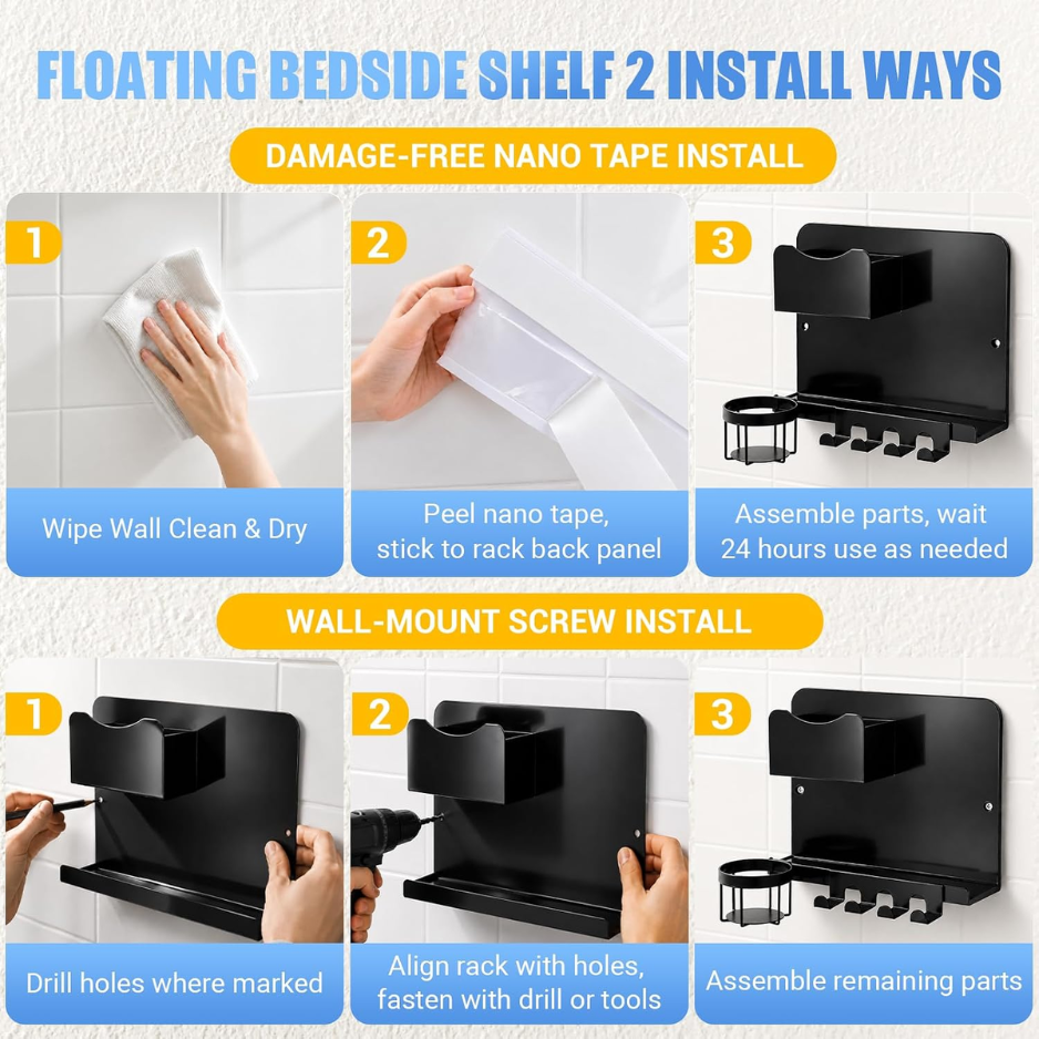 Metal Bedside Wall Shelf No Drill Floating Organizer - Image 5