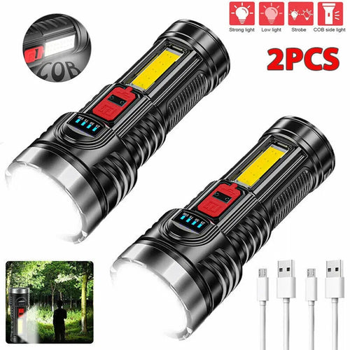 (2 Pack)USB Rechargeable LED Flashlight 4 Modes Camping Hiking Torch Work