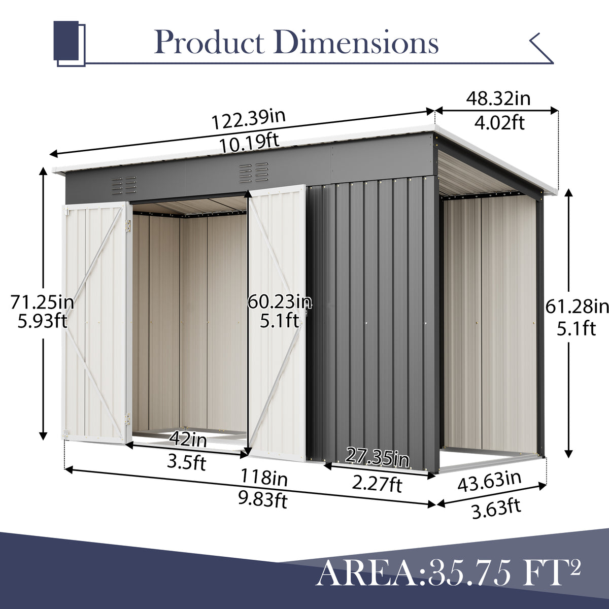 10 X4 Outdoor Metal Storage Shed For Garden Tools Lockable Door With Floor Frame - Image 3