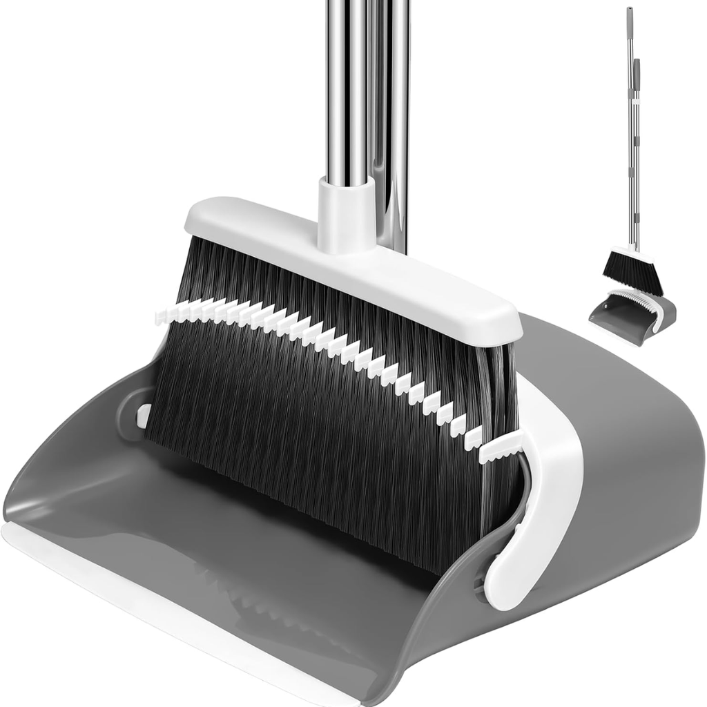 Broom And Dustpan Set With 52 Inch Adjustable Long Handle Grey White Standing - Image 2