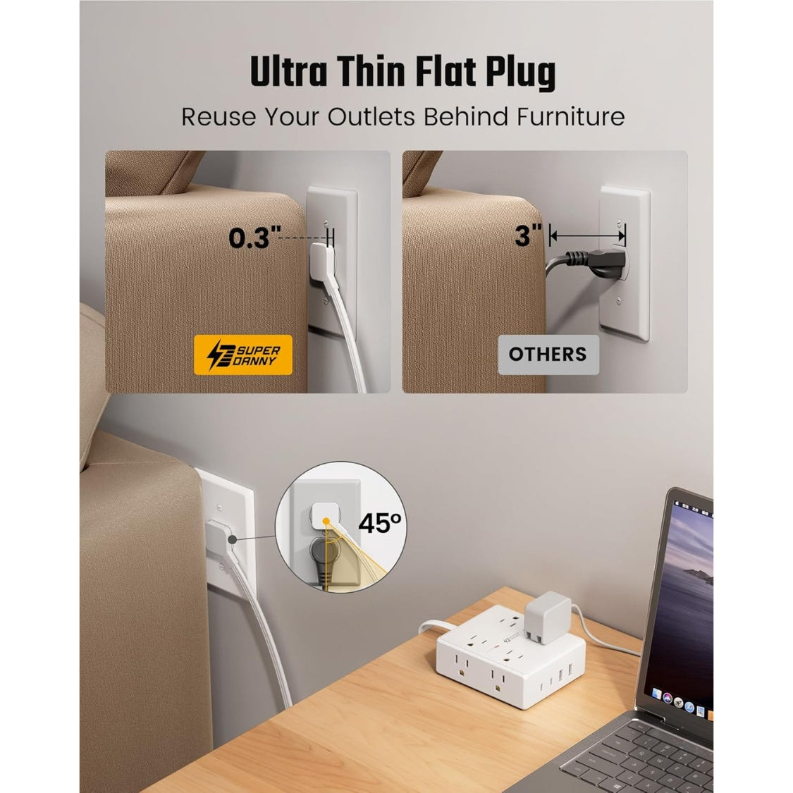10ft extension cord with multiple dimensions and features
