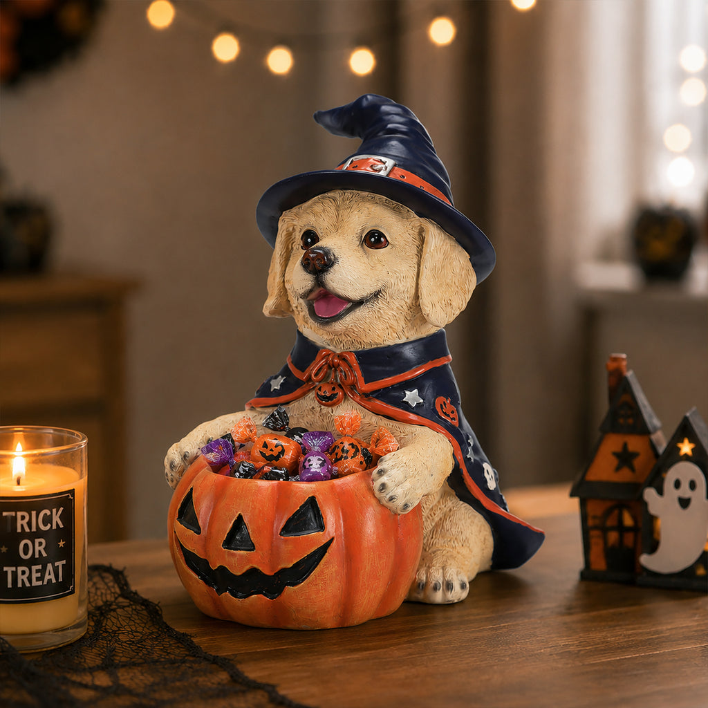 Halloween Labrador Retriever Witch Puppy Figurine Cute Dog Holding Pumpkin