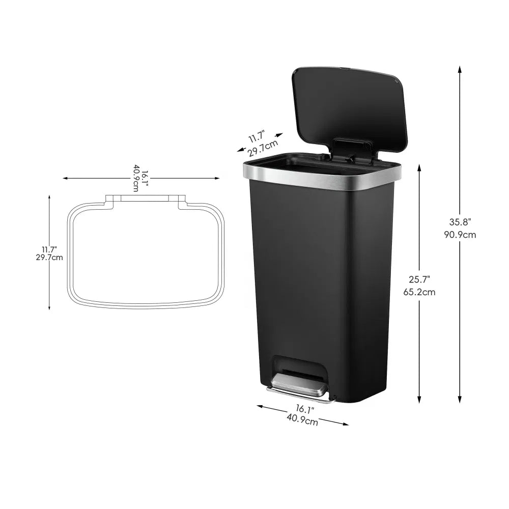 Trash Can 11.9 Gallon Plastic Step Garbage Bin with Soft Close Lid Black - Image 2
