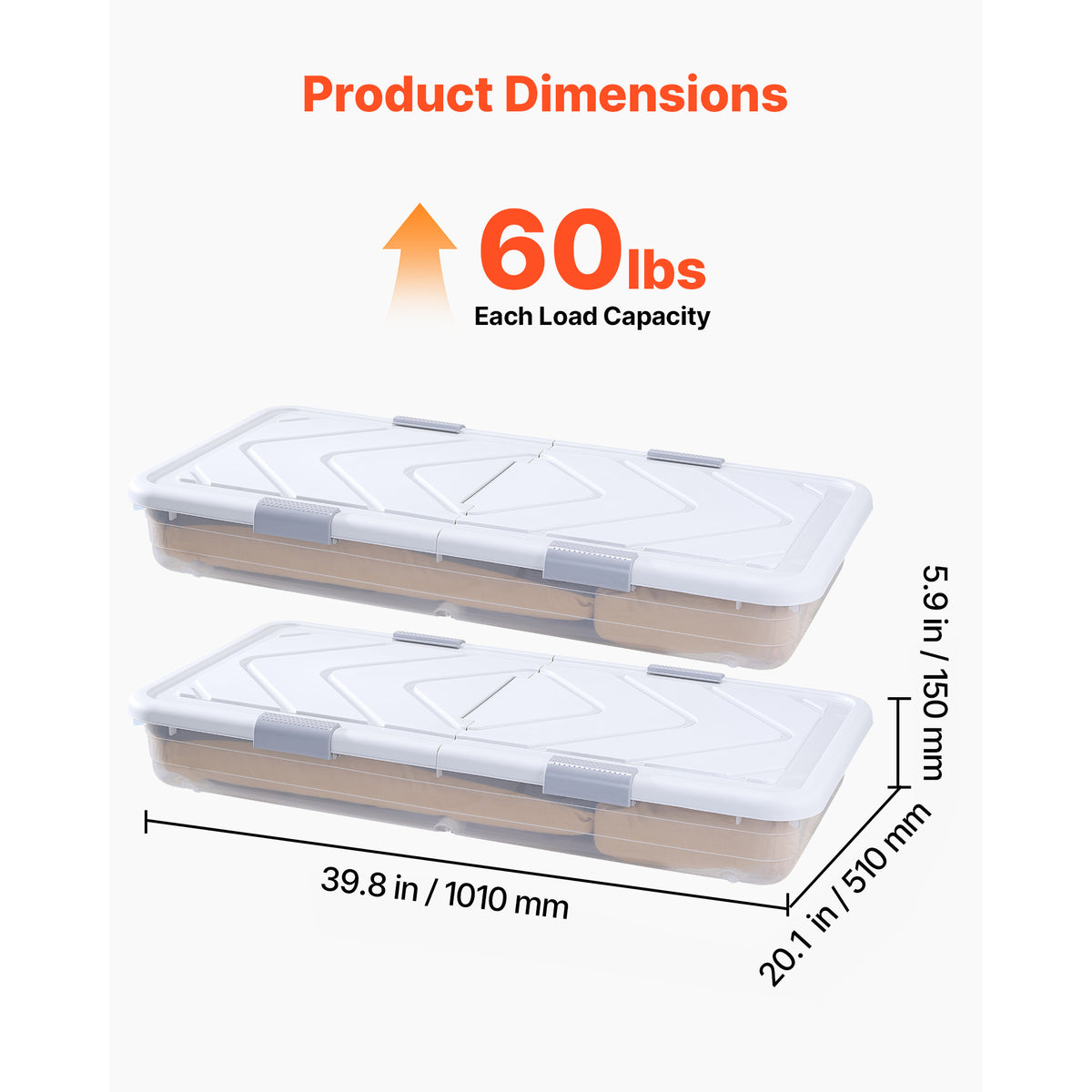 Under Bed Storage With Wheels, 39.8 X 20.1 X 5.9 Inch Underbed Containers, - Open Capacity and Storage Interior View