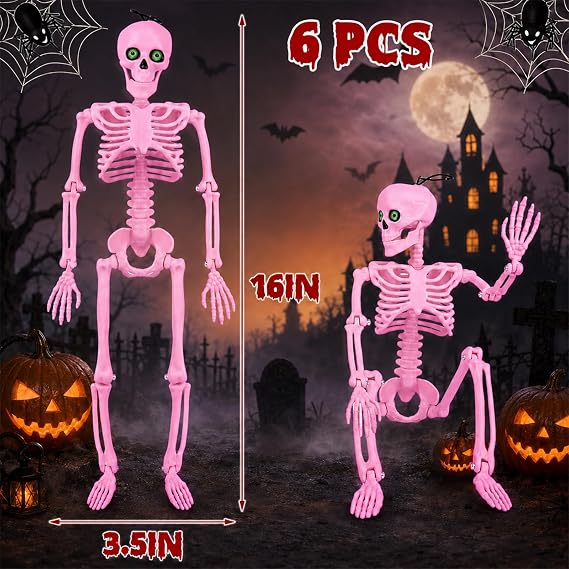 6 Piece 16 Inch Pink Halloween Skeleton Decorations With Movable Joints Eyes - Image 5