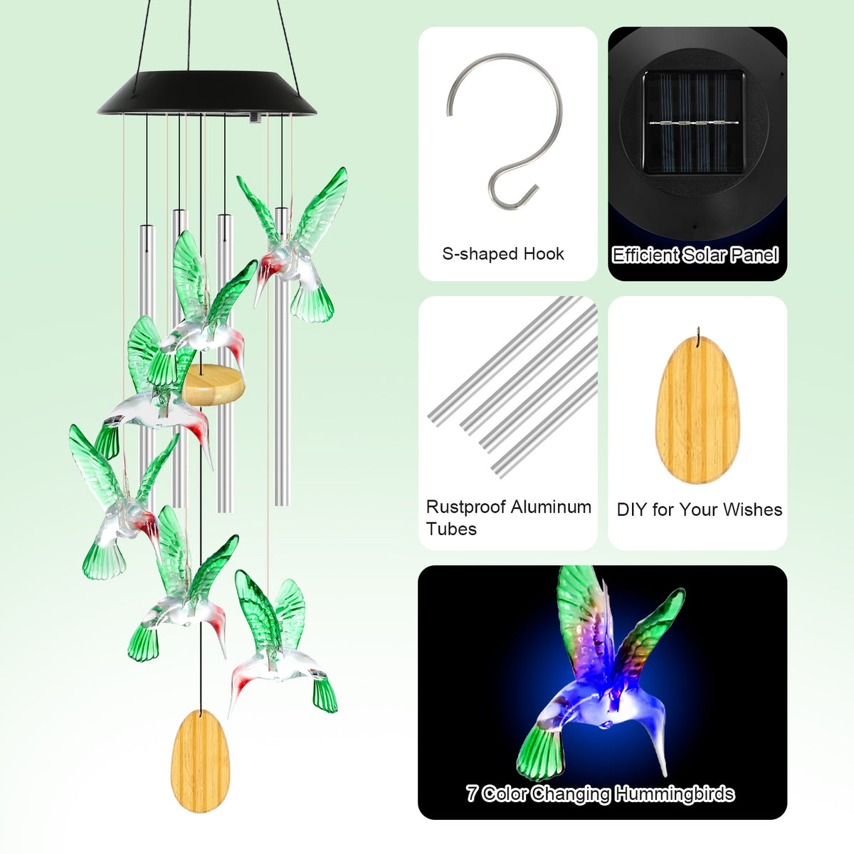 Solar Hummingbird Wind Chime With Aluminum Tubes 7 Color Changing Wind Chime - Image 3