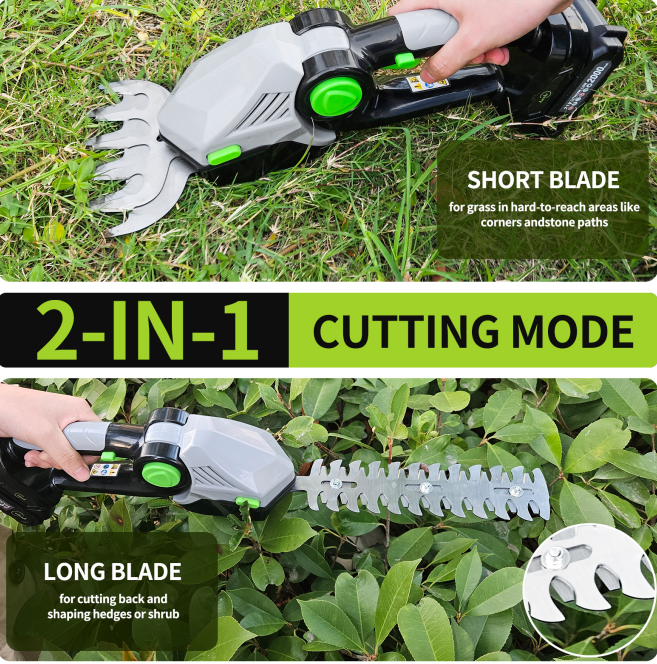 Cordless Hedge Trimmer 2 in 1 Electric Handheld Grass Shears With 21V 2.0